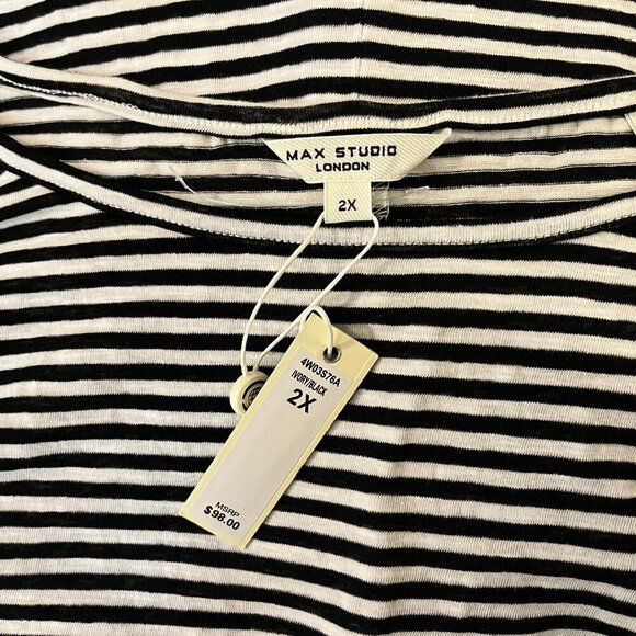 Max Studio Women's Black Ivory Striped Drawstring Waist Top - Size 2X - NWT $98 - Picture 2 of 4